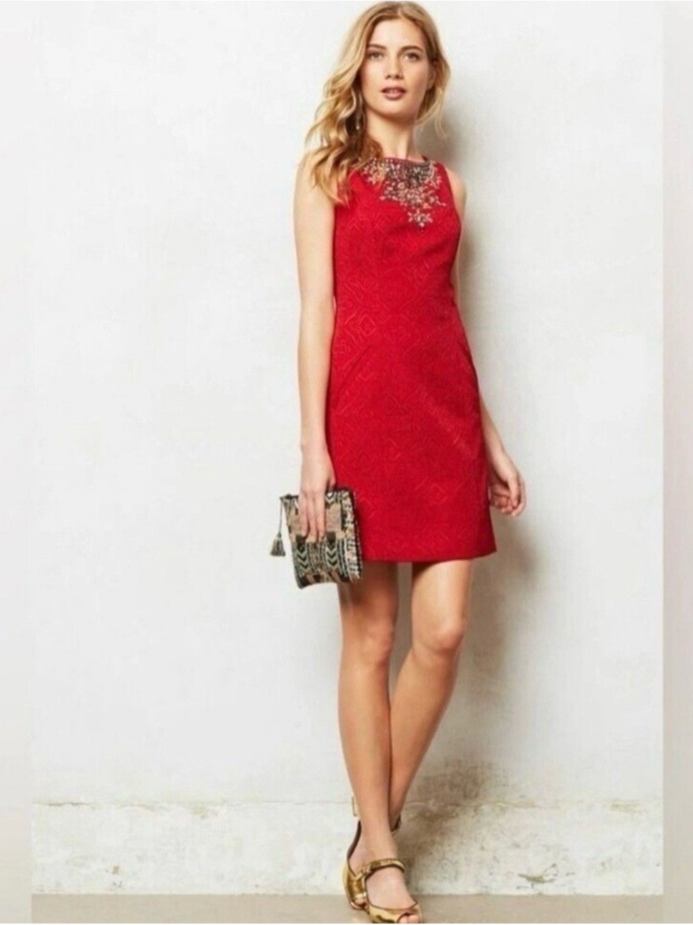 Anthropologie Moulinette Soeurs Toulouse Red Jacquard Jeweled Shift Dress Size 4